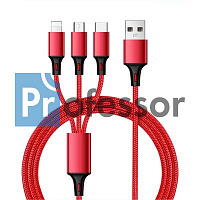 USB кабель PROFESSOR CA302 (красный) 3 в 1 Type C; Android; iPhone (тех.пак.)